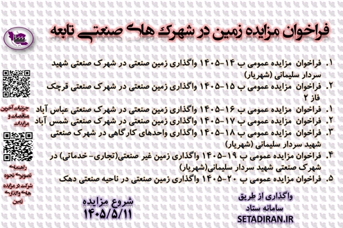 واگذاری زمین تجاری/ صنعتی / کارگاهی در شهرک ها و نواحی صنعتی تابعه 11 مرداد 1405